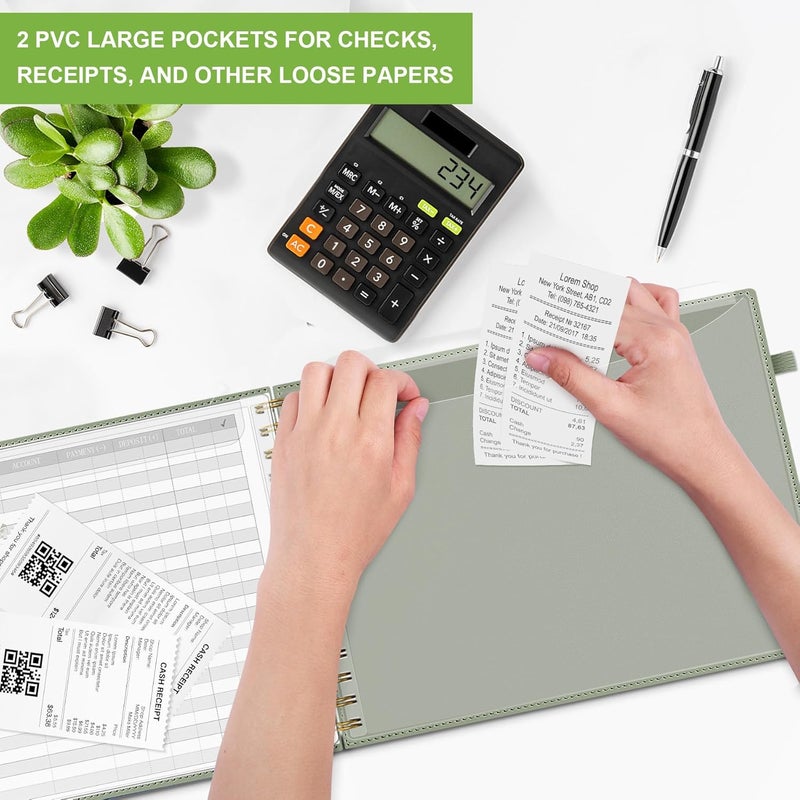 Hautoco Hardcover Accounting Ledger Book for Small Business Bookkeeping Horizontal Money Expense Tracker Notebook with 2 Storage Pouch, Personal Columnar Log Journal 10.78 x 8'', Olive Green - Image 5